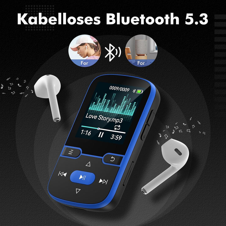 64 GB MP3 Player Bluetooth 5.3 mit Clip für Kinder Tragbarer mp3 -Player Musik-Player mit FM-Radio,