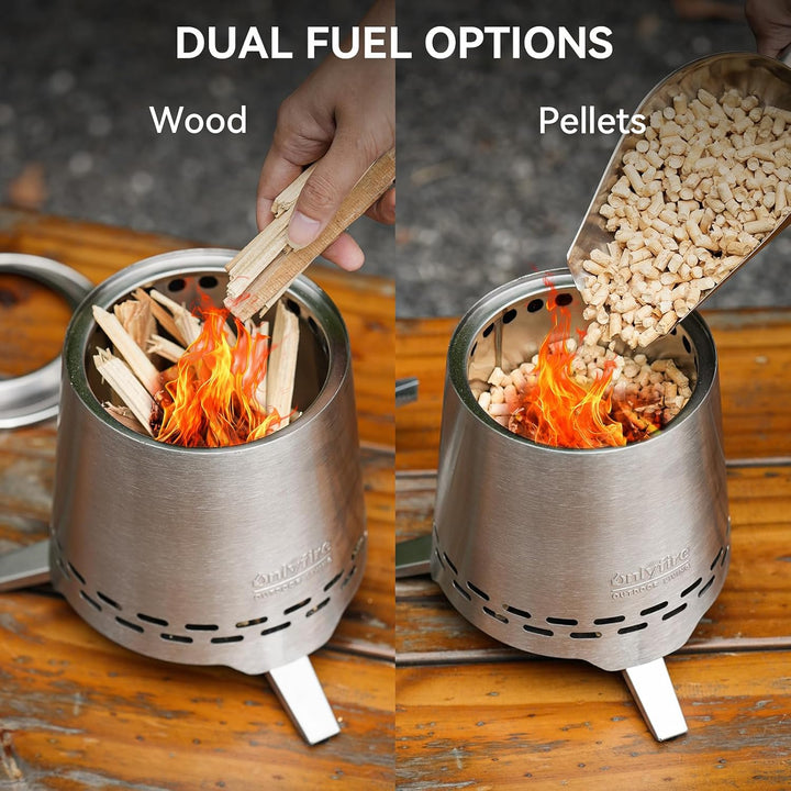 Onlyfire Edelstahl Tischfeuer mit Topfhalter und Tragetasche, Raucharmer Mini Tischkamin für Pellets