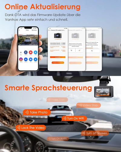 VANTRUE E2 Dual 1944P Dashcam Auto 5GHz WiFi GPS, Wireless- und Sprachgesteuerte Dash Cam vorne hint