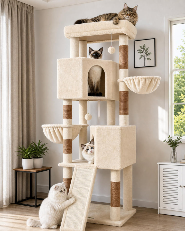 Globlazer Kratzbaum Beige XL Hoch 177cm mit 2 Grosser Katzenhaus, Kratzrampe Sisal, Gepolsterte Plat