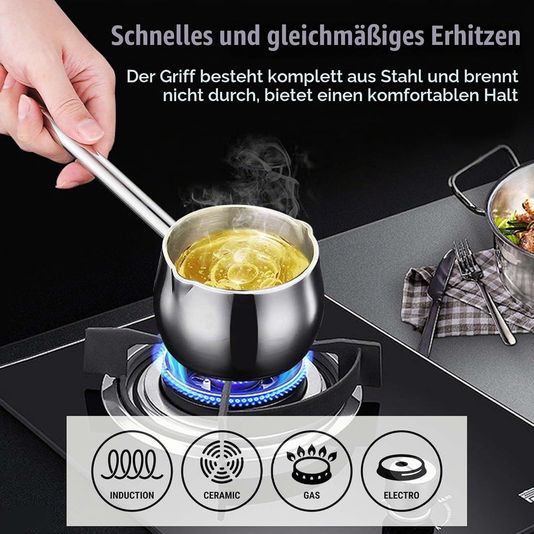 Mini Topf Milchpfanne mit Langem Griff, 300ml Kaffeekanne Butterwärmer mit Ausgiesser, Edelstahl Ind