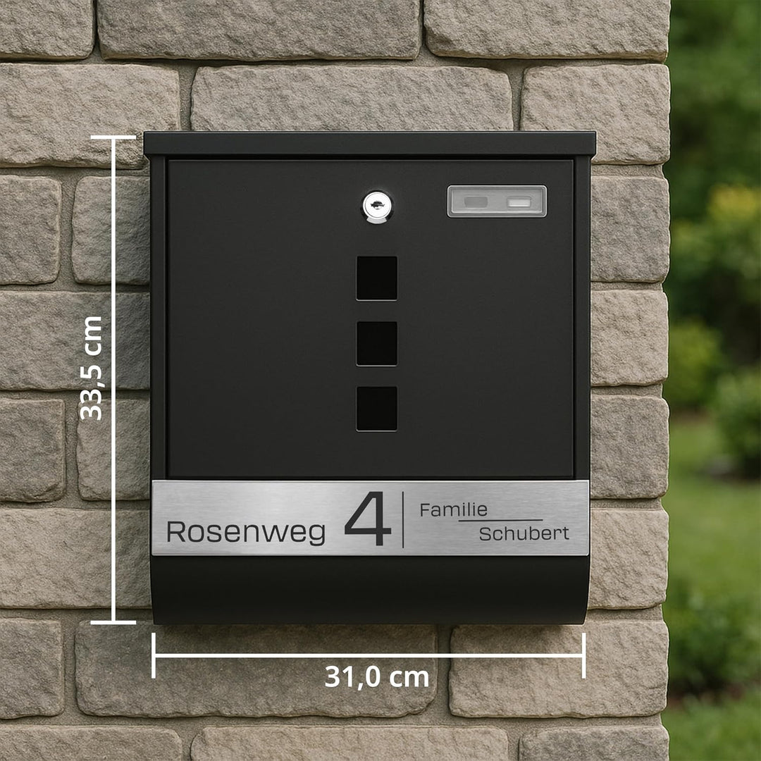 Grafner Briefkasten personalisiert, schwarz mit Zeitungsfach und 2 Schlüssel, V2A Namensschild, Post