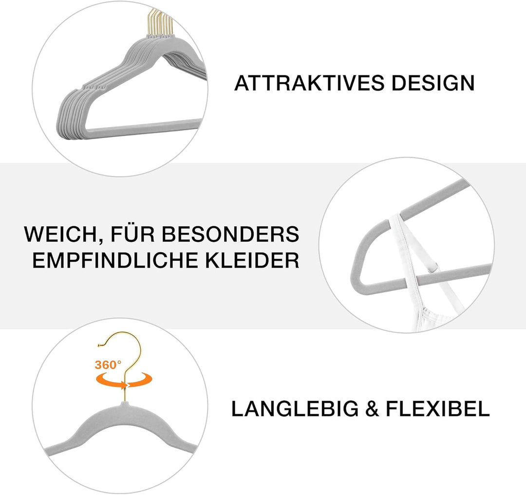 100 Stück hochwertige Samt Kleiderbügel in der Farbe Hellgrau mit Gold Look Haken/Anti-Rutsch/von St