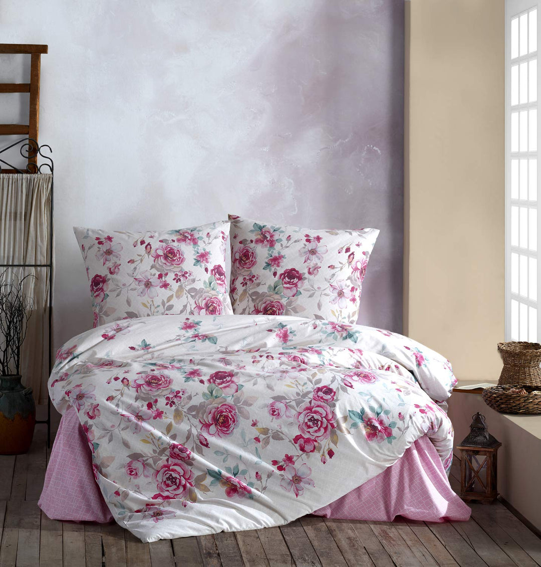 ZIRVEHOME Bettwäsche 200x220 cm. Weiss/Rosa geblümt, 100% Baumwolle/Renforcé mit Reissverschluss Atm