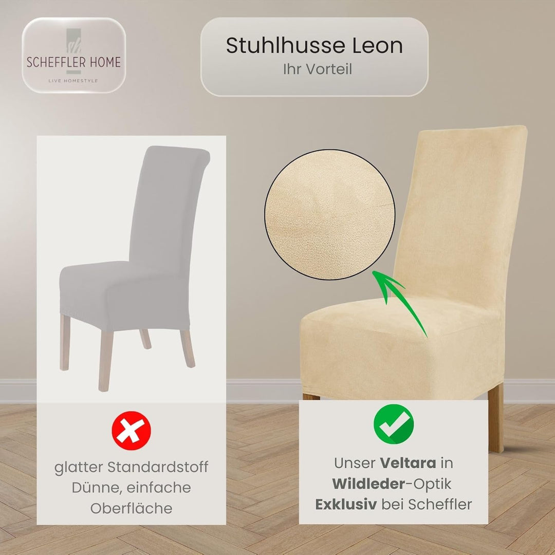 SCHEFFLER-Home Stuhlhussen 4er Set Leon Ecru/elastische Wildleder Hussen für Stühle/Robustes Freisch