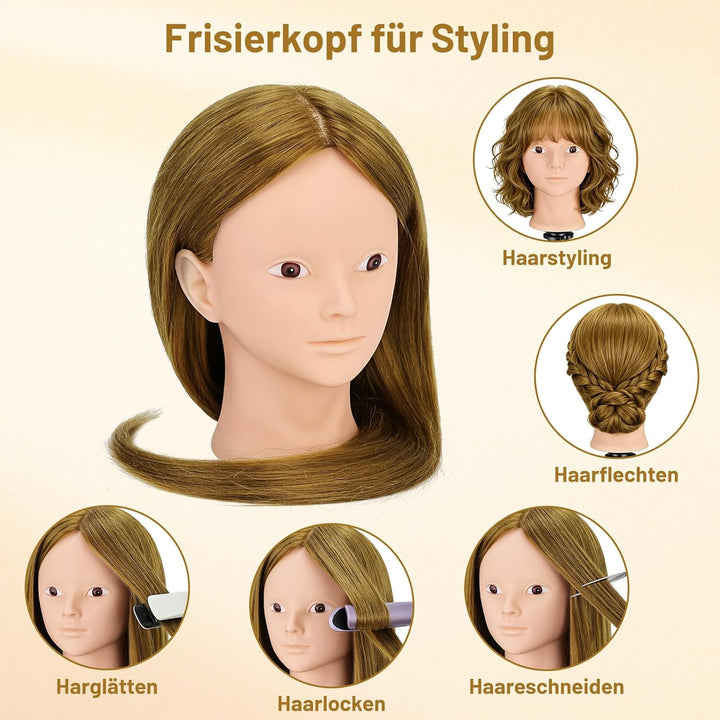 TwoWin Friseurkopf mit Haaren, 26 Zoll (66 cm) 80% Echthaar Mannequin Kopf, Make-up Übungskopf, Trai