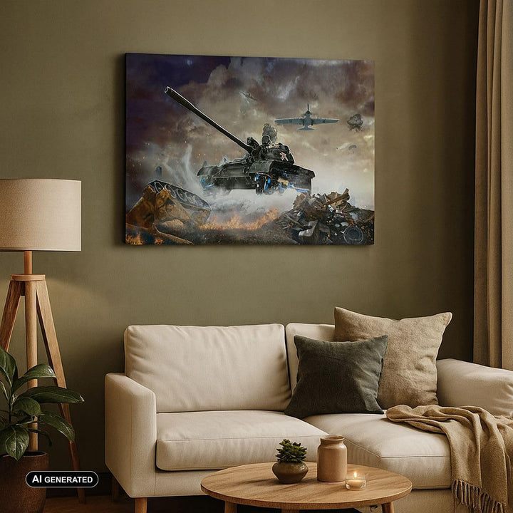 Bilder auf Leinwand 100x70cm Leinwandbild Krieg Panzer Airplain Schlacht Gross Wanddeko Bild Schlafz