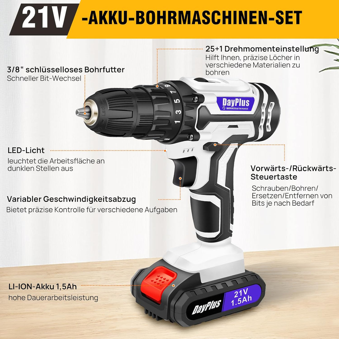 21V Akku Bohrschrauber Set,Weiss Akkuschrauber Set mit 2 * 1500mAh Akku,Akkubohrer 45Nm Drehmoment，2