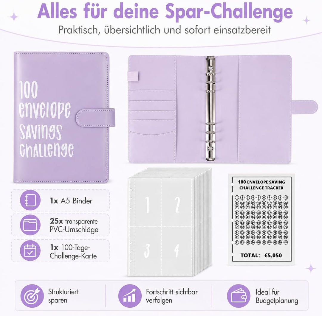 Challenge-Ordner mit 100 Umschlägen, A5-Umschlag, Spar-Challenge, Budget-Ordner, mit 25 Geldspar-Tra