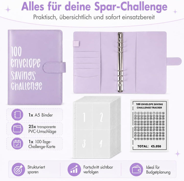 Challenge-Ordner mit 100 Umschlägen, A5-Umschlag, Spar-Challenge, Budget-Ordner, mit 25 Geldspar-Tra