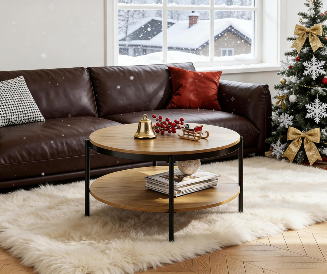 Manora Couchtisch Rund Holz, Runder wohnzimmertisch Klein 80 cm,Sofatisch mit stauraum 2 Ebenen, Eic