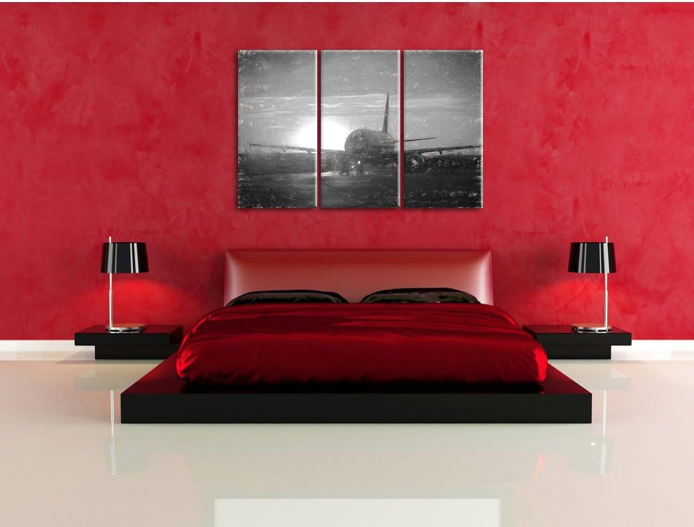 Pixxprint Flugzeug im Sonnenuntergang 3Teiler 120x80 cm Leinwandbild Wandbild Kunstdruck
