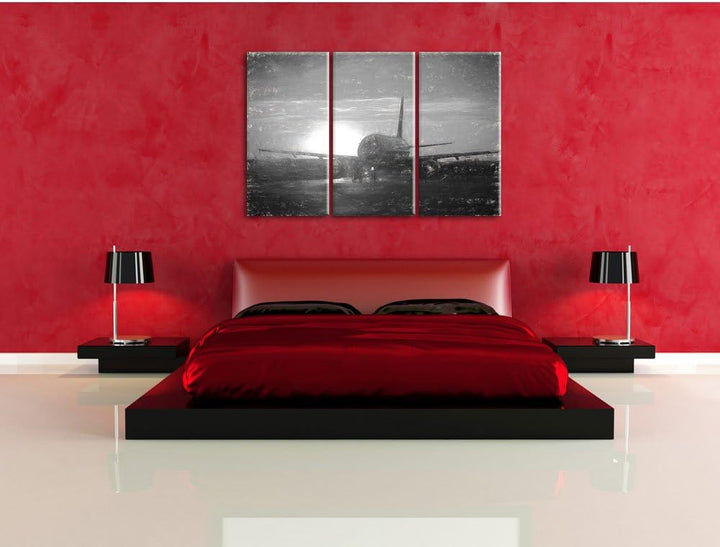 Pixxprint Flugzeug im Sonnenuntergang 3Teiler 120x80 cm Leinwandbild Wandbild Kunstdruck
