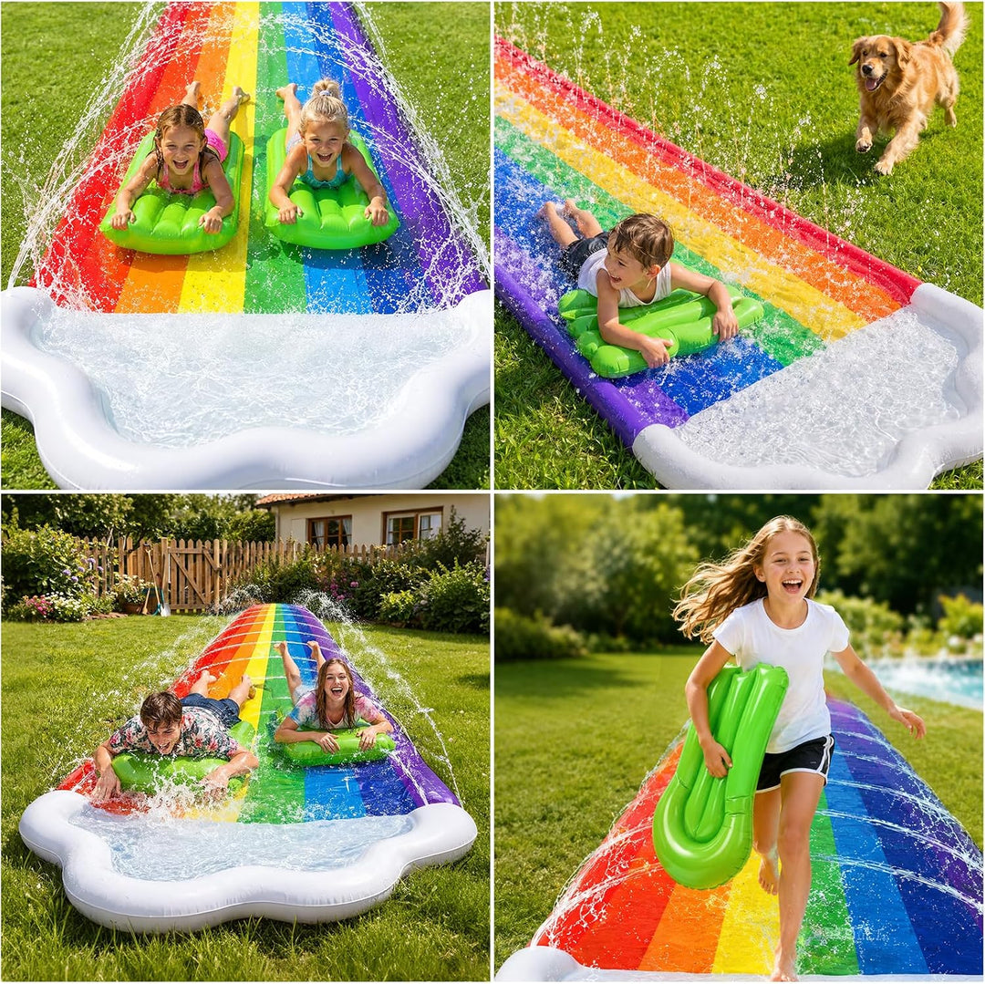 Morofme Regenbogen Wasserrutsche Garten für Kinder, 480x140cm Doppelte Wasser Rutschbahn mit Bodyboa