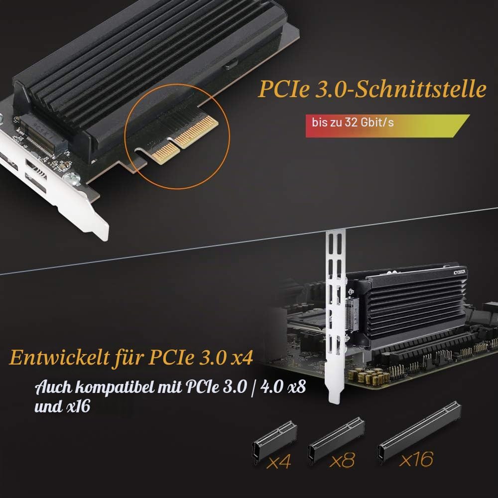 ICY DOCK EZConvert EX Pro MB987M2P-1B nimmt eine M.2 NVMe PCIe SSD bis 110mm Länge in einem PCIe 4.0