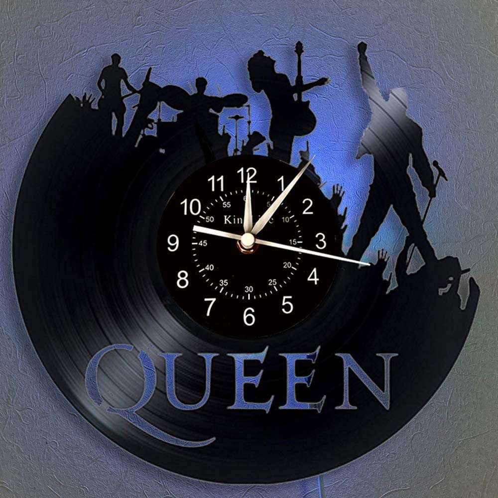 The Queen Rock Music Band Vinyl Wanduhr, LED 7 Farben Nachtlampe Retro Wanduhr, Wohnzimmer, Küche, e