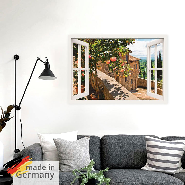ARTland Wandbild selbstklebend Vinylfolie 100x70 cm Fensterblick Fenster Toskana Landschaft Garten R