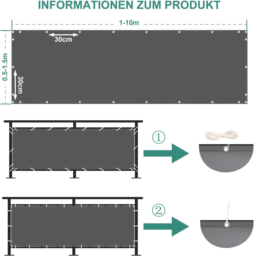 Balkon Sichtschutz Ohne Bohren, 85x400, Blickdichte Balkonverkleidung Balkonabdeckung Wetterfest UV-