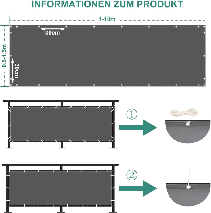 Balkon Sichtschutz Ohne Bohren, 85x400, Blickdichte Balkonverkleidung Balkonabdeckung Wetterfest UV-