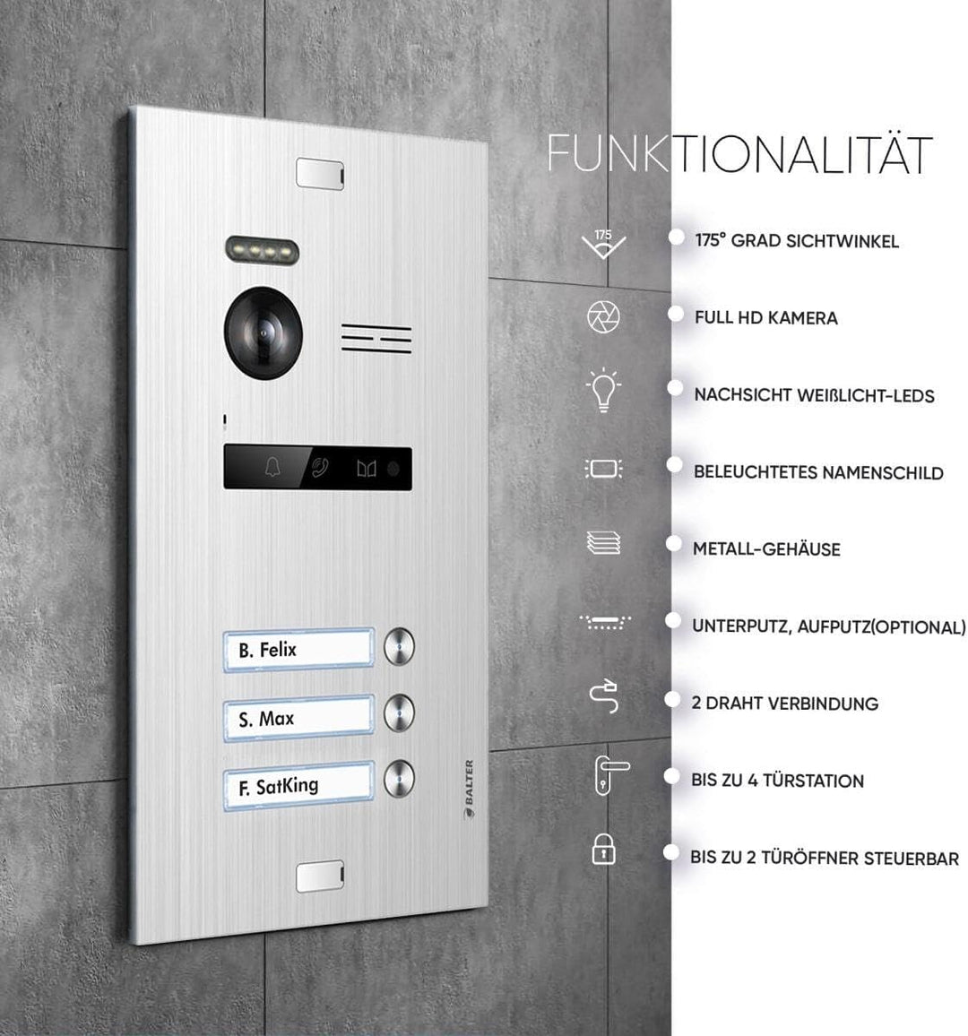 Balter EVO HD Silber/Weiss Video Türsprechanlage Set für 3 Familienhaus (1x Türstation mit Full HD-K