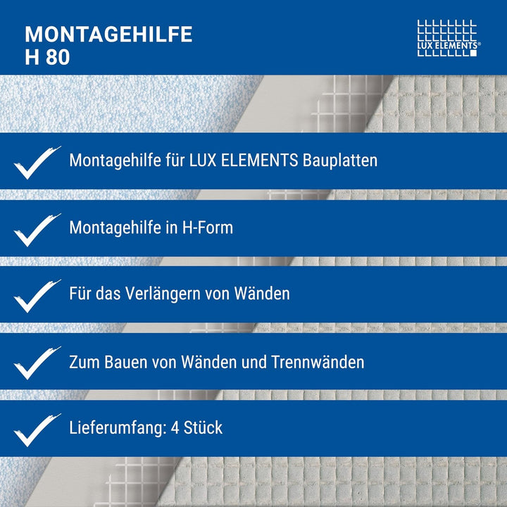 LUX ELEMENTS Montagehilfe MONT-H 4 Stk. I Zur Verbindung von 2x 80mm Bauplatten I Montagehilfe H For