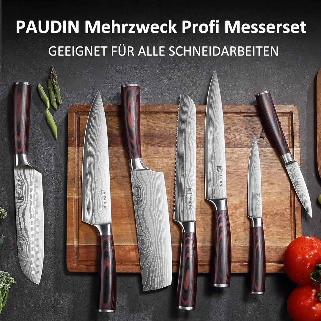 PAUDIN Messerset 7-teilig, Küchenmesserset aus hochwertigem Edelstahl, Profi Kochmesser mit scharfer