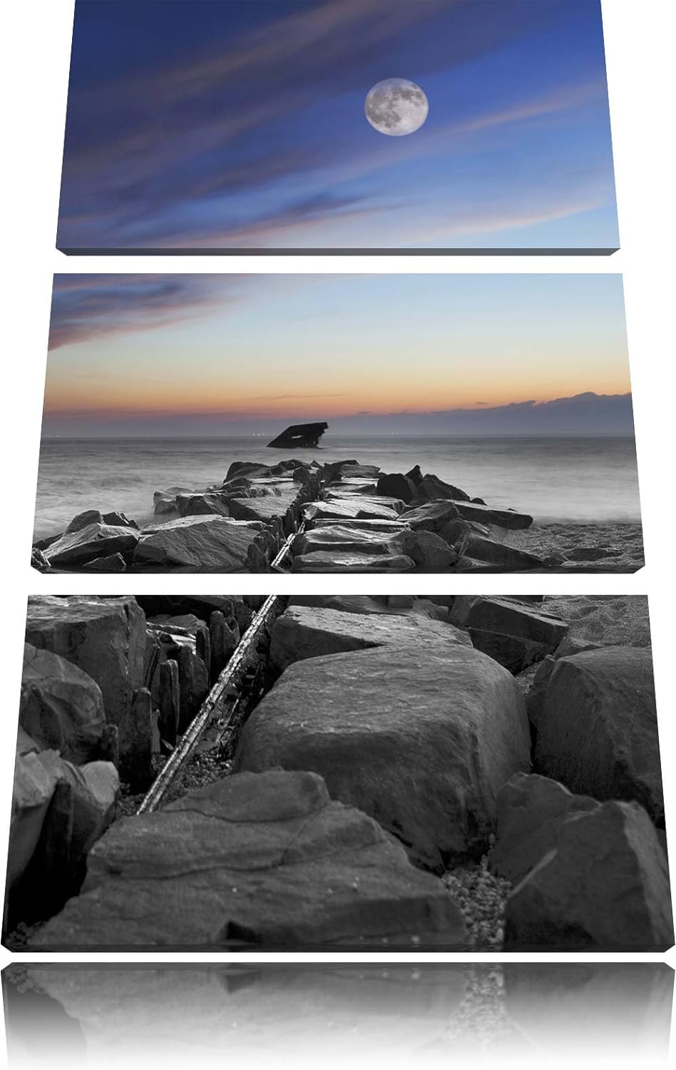 Pixxprint Steinmauer am Meer bei schönem Abendhimmel 3-Teiler Leinwandbild 120x80 Bild auf Leinwand