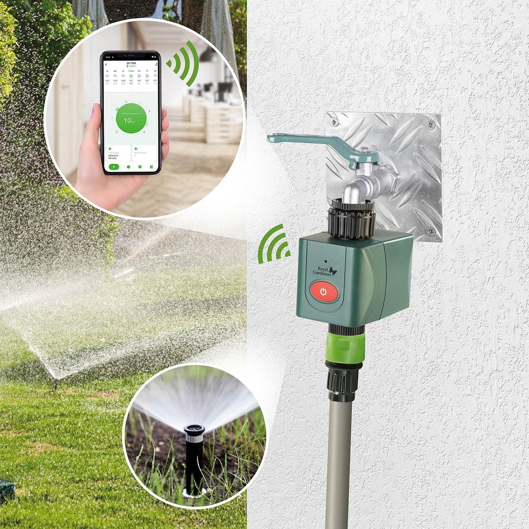 Royal Gardineer Elesion Bewässerung: 2er-Set WLAN-Bewässerungscomputer mit Ventil, App-Wetterdatenab