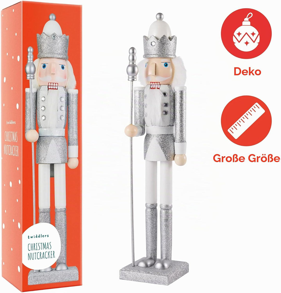THE TWIDDLERS Grosse Holz Weihnachten Nussknacker Figuren (Weiss & Silber), XL 50cm - Traditionelle