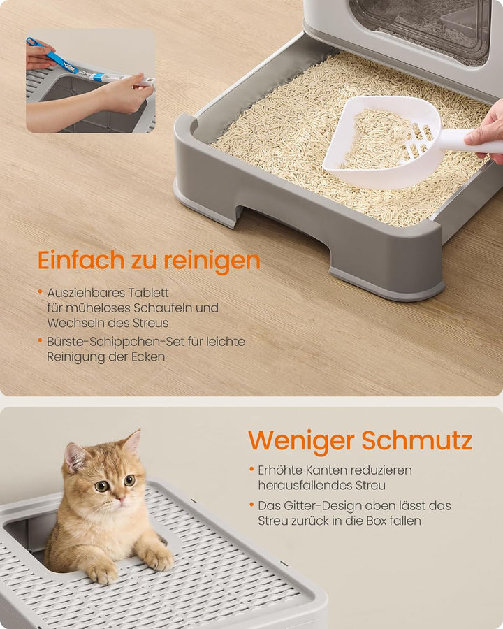 Feandrea Katzenklo Edelstahl, Katzentoilette, mit Deckel, ausziehbares Tablett, Schaufel, Bürste, fü