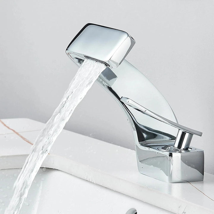 Waschtischarmatur, Wasserfallarmatur, Einhebelmischer Silber Messing, 360° schwenkbar – Armatur Bade