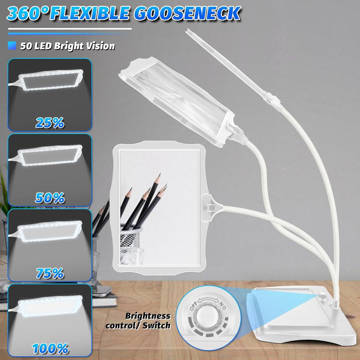 NZQXJXZ 10X Lupe mit Licht und Ständer, Wiederaufladbare 50 LED Flexible Schwanenhals Lupenleuchte,