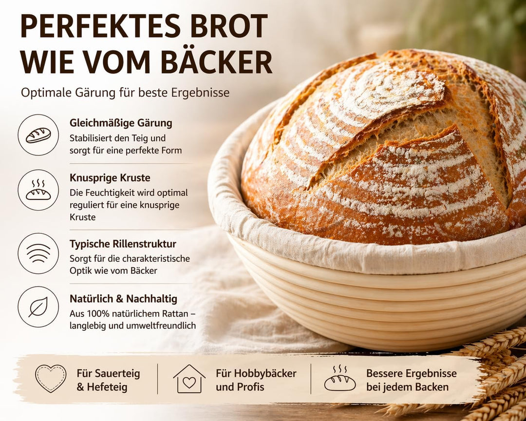 Gärkörbchen rund 23 cm aus Rattan mit Leinentuch – Brotgärkorb Banneton für Sauerteig & Hefeteig – p