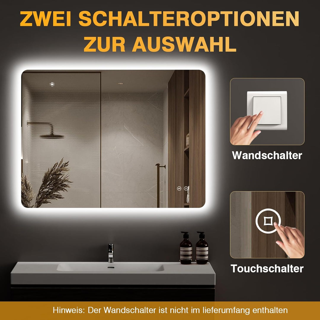 Badezimmerspiegel mit Beleuchtung, Led Spiegel Bad mit 3 Lichtfarben, Dimmbar, Speicherfunktion, Tou