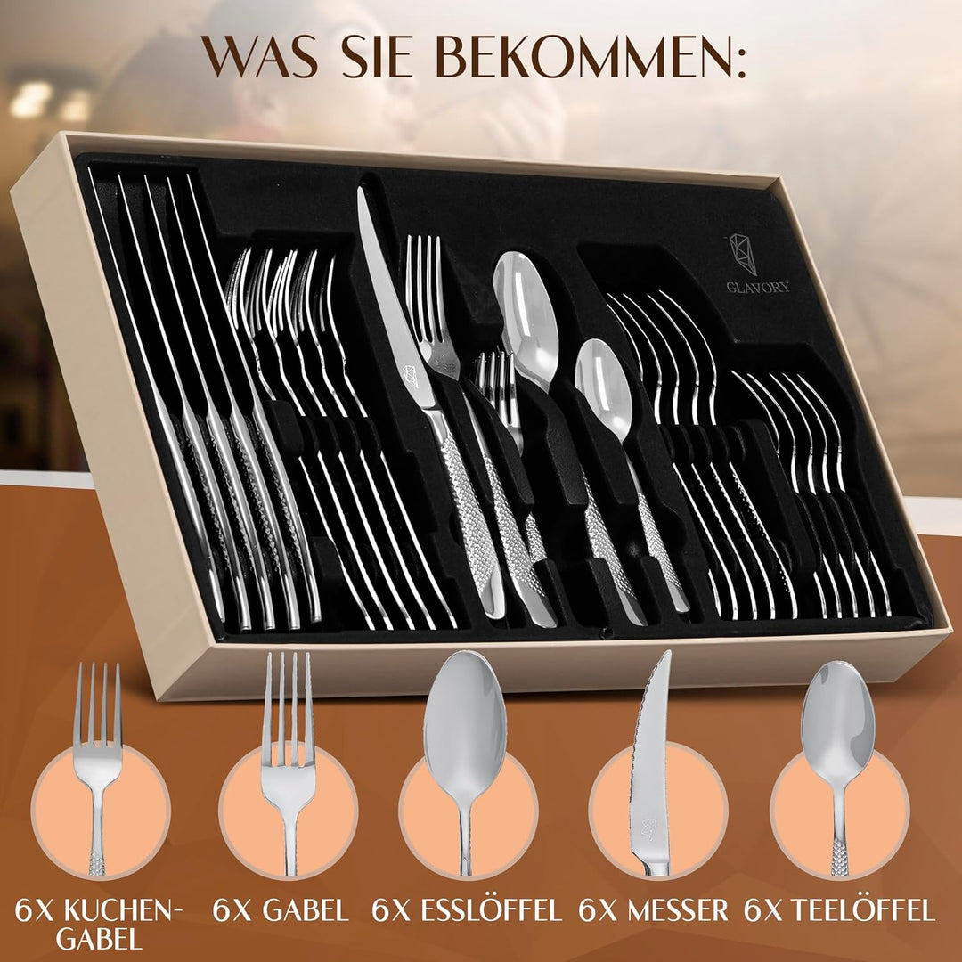 Glavory Aurora - Besteck Set Silber gestanzt - Besteck für 6 Personen 30teilig - rostfreier 18/8 Ede