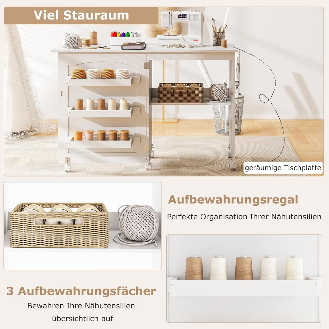GIANTEX Nähtisch klappbar, Nähmaschinentisch auf Rollen, Nähtisch für Nähmaschine, Nähschrank Holz,