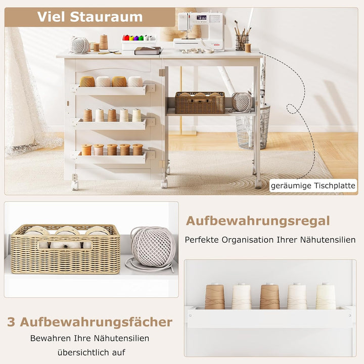 GIANTEX Nähtisch klappbar, Nähmaschinentisch auf Rollen, Nähtisch für Nähmaschine, Nähschrank Holz,