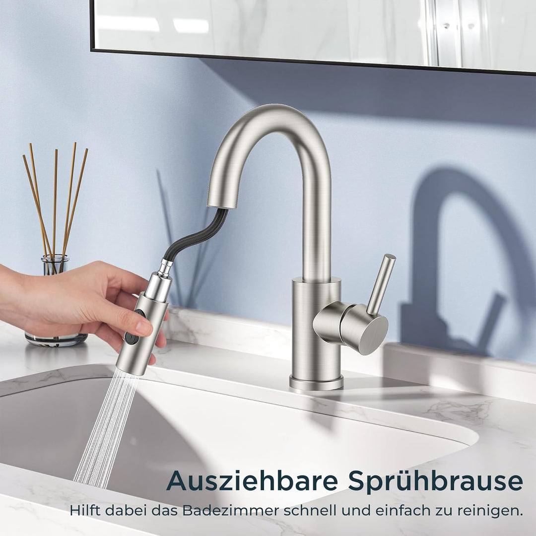 FORIOUS Wasserhahn Bad mit Ausziehbarer Brause, Edelstahl Waschtischarmatur Hoch mit 2 Strahlarten,