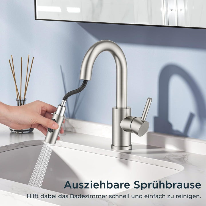 FORIOUS Wasserhahn Bad mit Ausziehbarer Brause, Edelstahl Waschtischarmatur Hoch mit 2 Strahlarten,