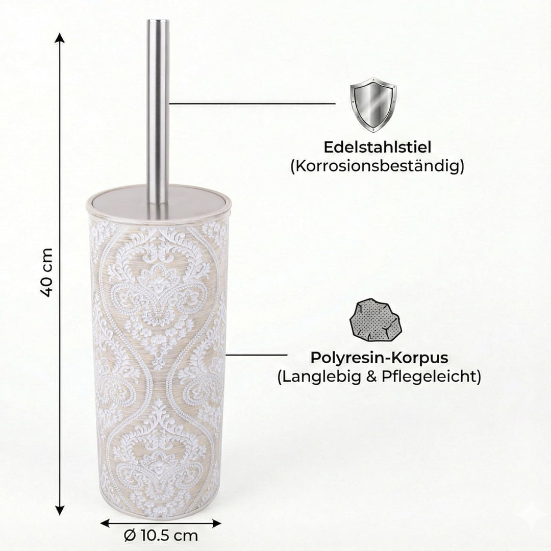 Geschlossene WC-Garnitur Serie Damask - Toilettenbürste mit Edelstahl-Stiel - Bürstenhalter aus Poly