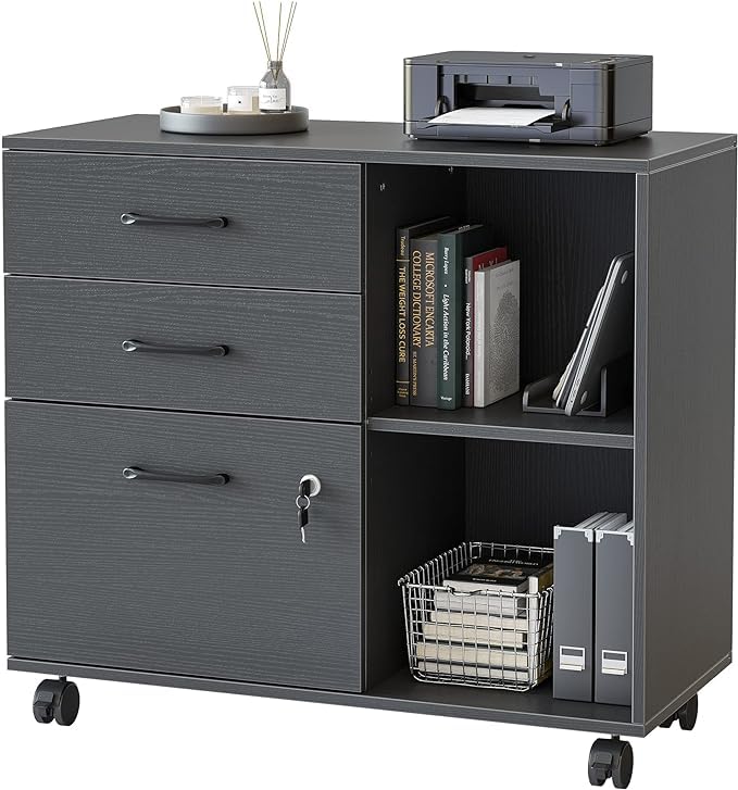 FEZIBO 3-Schubladen-Mobiler Aktenschrank, Seitenschrank mit Schloss, Druckerständer mit offenen Abla