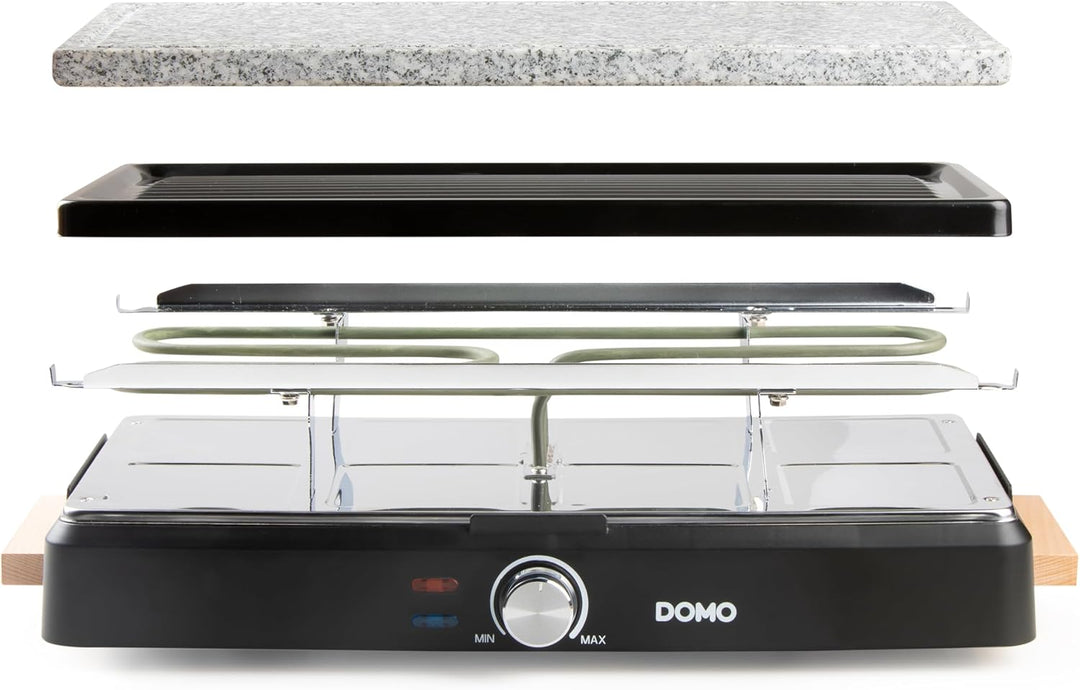 DOMO DO9262G Steingrill/Raclette-Grill - Wooden Design - Inklusive Raclettepfännchen und Holzspatel