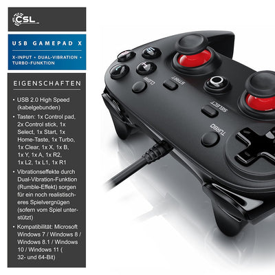 CSL - Gamepad für PC - X Controller mit Direct-Input X-Input - Dual Vibration - Turbo-Funktion - Plu