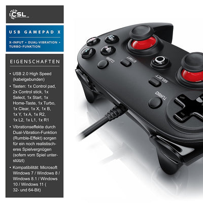 CSL - 2x PC Gamepad - X Controller mit Direct-Input X Input - Dual Vibration - Turbo-Funktion - Plug