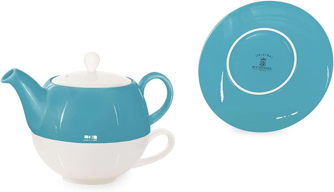Tea for One mit Sieb Lena 500ml aus Crystal Bone China Porzellan in türkis. Teekanne + Teetasse + Un