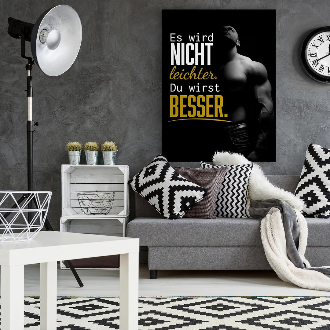 wandmotiv24 Motivations Motiv als Leinwandbild, 100x75cm, Hochformat, Motivation, Besser, Muskeln, F