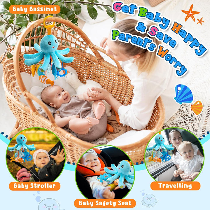 Plüsch Oktopus Baby Spielzeug 0-18 Monate – mit 8 hängenden Sensory-Spielzeugen & Spiegel– Baby Mont