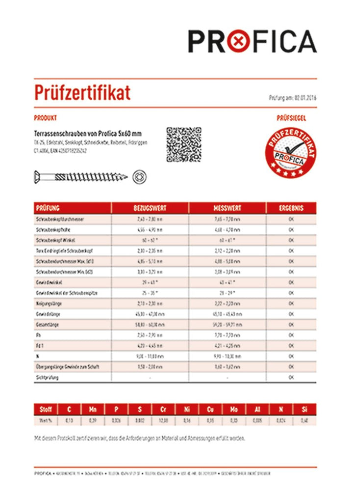 Terrassenschrauben Edelstahl 5x60mm 500 Stück von PROFICA gehärtet incl. PROFICA VA Bit Torx 25 und