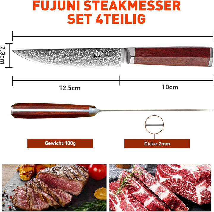 FUJUNI Steakmesser Set 4teilig, 4er Damast Steakmesser-Set Mit Extrem Scharf 12.5cm Klinge Aus 67 La