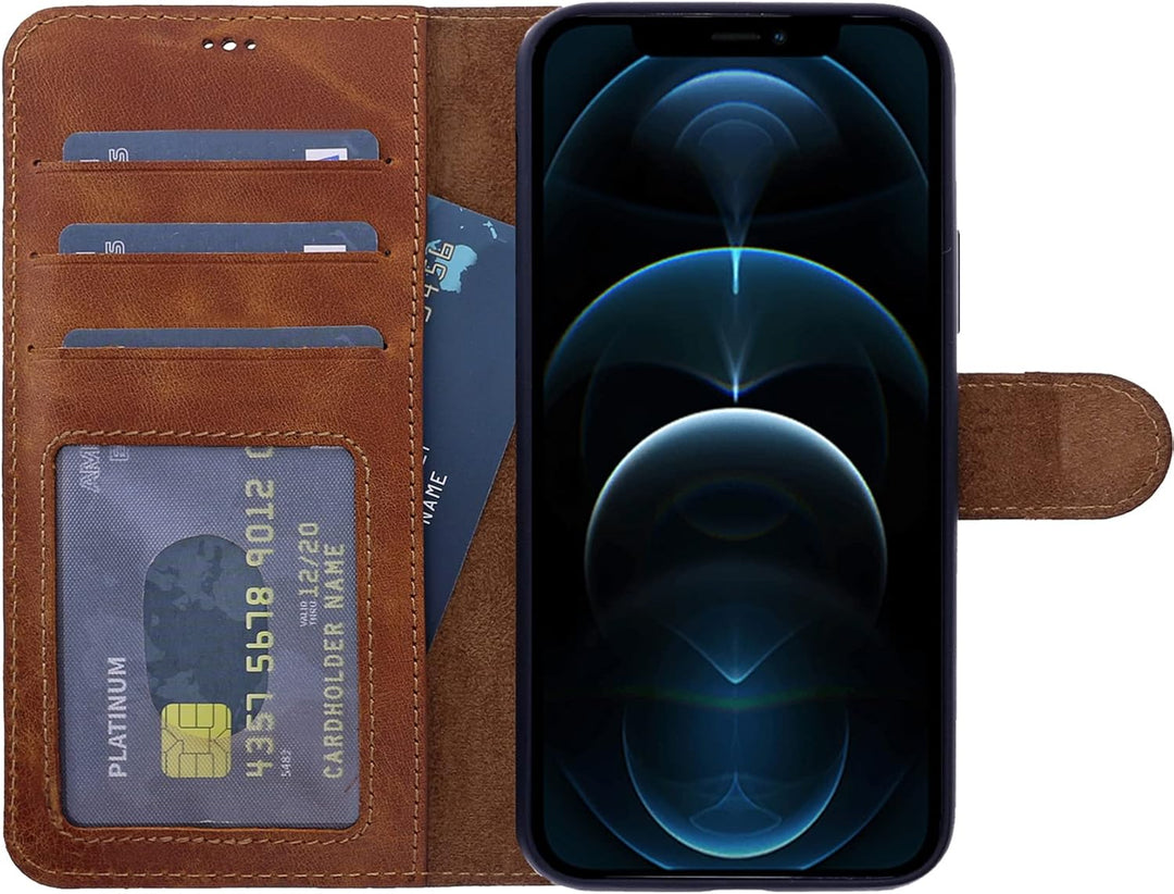 Burkley Leder Handyhülle für iPhone 13 Pro Max Leder Book Case Handytasche mit Magnetverschluss, 360